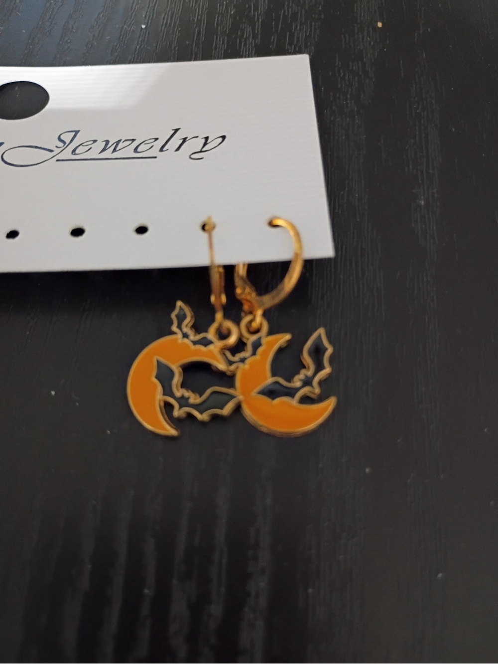 Gold-Tone Orange Crescent Moon & Bat Drop Earrings - Jewelry